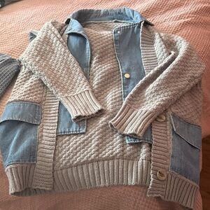 Gray and Blue Women's Sweater with Jean Material